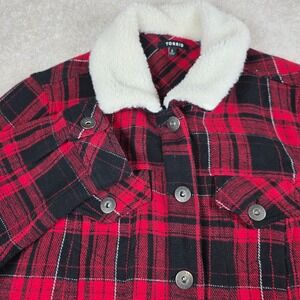 Torrid Jacket Womens 0 Red Black Buffalo Plaid Cotton Trucker Sherpa Collar